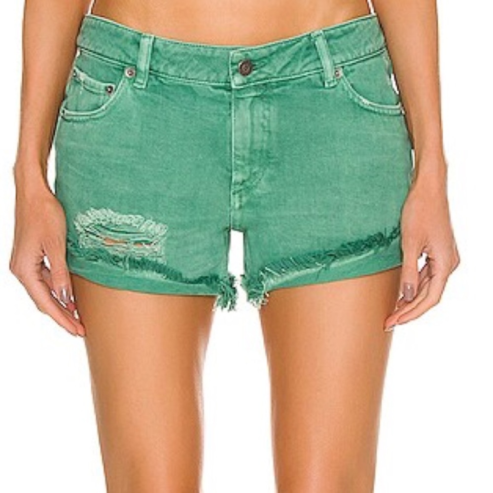 SER.O.YA Lex Shorts Green Denim Distressed Mid Rise Size 26